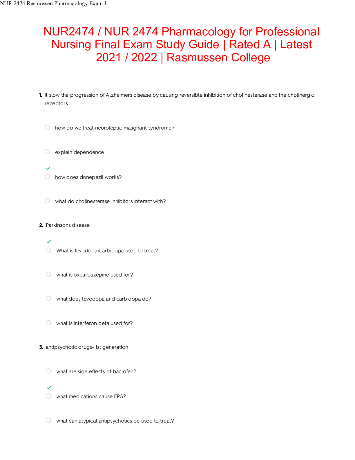 Preview image for NUR2474 / NUR 2474 Pharmacology for Professional Nursing Final Exam Study Guide | Rated A | Latest 2021 / 2022 | Rasmussen College|170 Q&A|